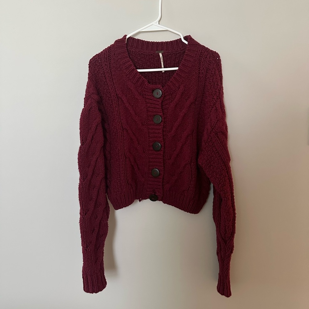 Free People Burgundy Cable Knit Cardigan